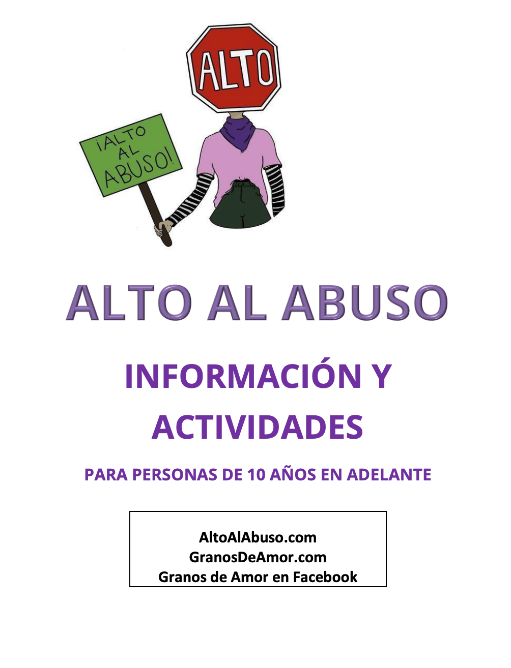 Illustrated person with a stop-sign head holding an “¡ALTO AL ABUSO!” sign above Spanish informational text.